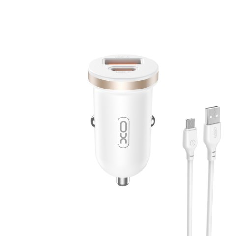 XO ładowarka samochodowa CC56 PD 30W QC 1x USB 1x USB-C biała + kabel USB - microUSB