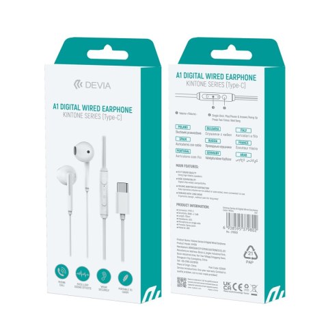 Devia słuchawki przewodowe Kintone A1 Digital USB-C douszne białe Devia słuchawki przewodowe Kintone A1 Digital USB-C douszne białe