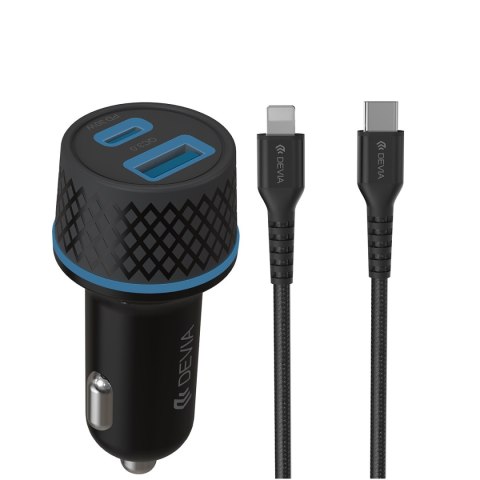 Devia ładowarka samochodowa Extreme PD QC 1x USB-C 1x USB 52,5W czarna + kabel USB-C - Lightning