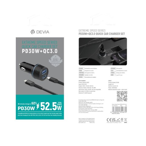 Devia ładowarka samochodowa Extreme PD QC 1x USB-C 1x USB 52,5W czarna + kabel USB-C - Lightning Devia ładowarka samochodowa Extreme PD QC 1x USB-C 1x USB 52,5W czarna + kabel USB-C - Lightning