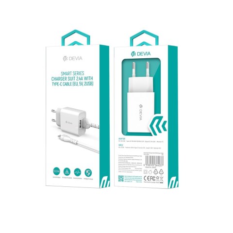 Devia ładowarka sieciowa Smart 2x USB 2,4A biała + kabel USB-C Devia ładowarka sieciowa Smart 2x USB 2,4A biała + kabel USB-C
