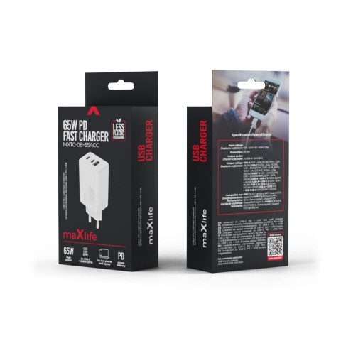 Maxlife ładowarka sieciowa PD QC MXTC-08-65ACC 2x USB-C 1x USB 65W biała Maxlife ładowarka sieciowa PD QC MXTC-08-65ACC 2x USB-C 1x USB 65W biała