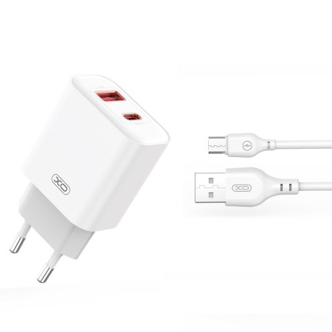 XO ładowarka sieciowa CE12 PD QC 3.0 20W 1x USB 1x USB-C biała + kabel USB - microUSB