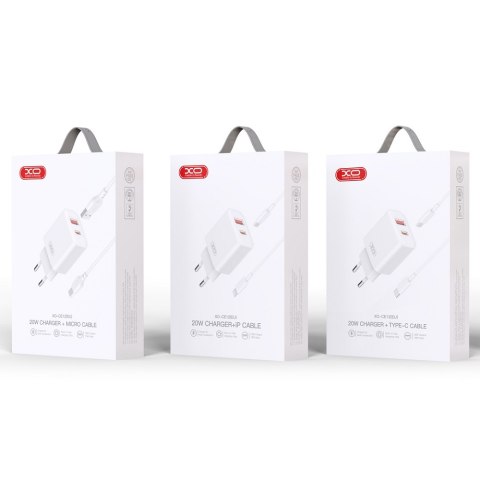 XO ładowarka sieciowa CE12 PD QC 3.0 20W 1x USB 1x USB-C biała + kabel USB - microUSB XO ładowarka sieciowa CE12 PD QC 3.0 20W 1x USB 1x USB-C biała + kabel USB - microUSB