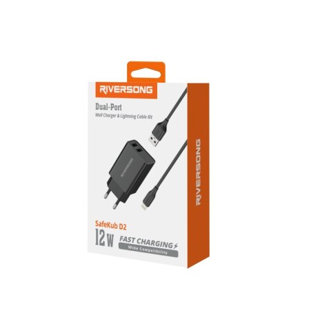 Riversong ładowarka sieciowa SafeKub D2 2x USB 12W czarna + kabel USB - Lightning AD29 + CL85 Riversong ładowarka sieciowa SafeKub D2 2x USB 12W czarna + kabel USB - Lightning AD29 + CL85