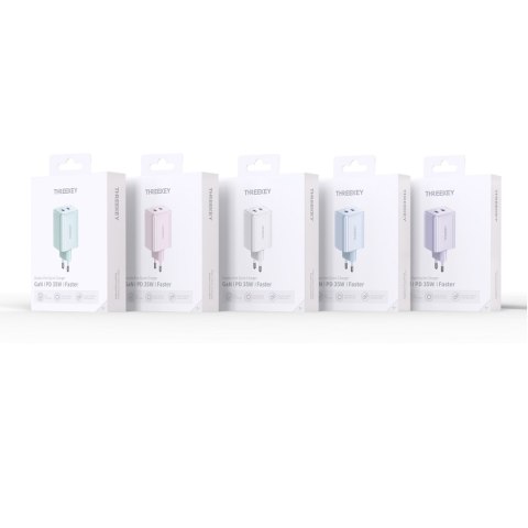 THREEKEY ładowarka sieciowa TK111 PD 35W 2x USB-C zielona THREEKEY ładowarka sieciowa TK111 PD 35W 2x USB-C zielona