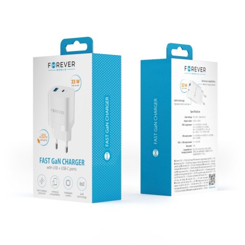 Forever ładowarka sieciowa GaN PD QC TC-05 1x USB-C + 1x USB 33W biała Forever ładowarka sieciowa GaN PD QC TC-05 1x USB-C + 1x USB 33W biała