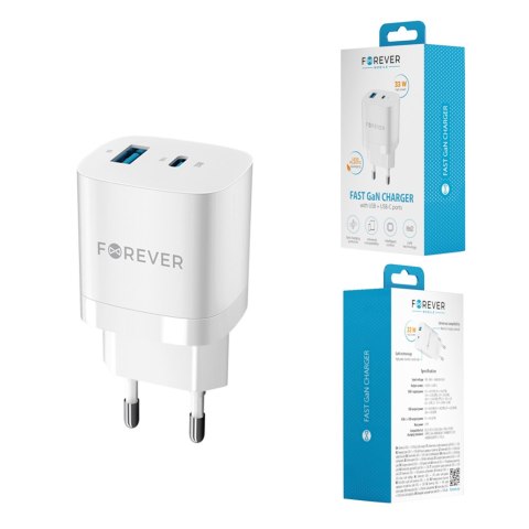 Forever ładowarka sieciowa GaN PD QC TC-05 1x USB-C + 1x USB 33W biała Forever ładowarka sieciowa GaN PD QC TC-05 1x USB-C + 1x USB 33W biała