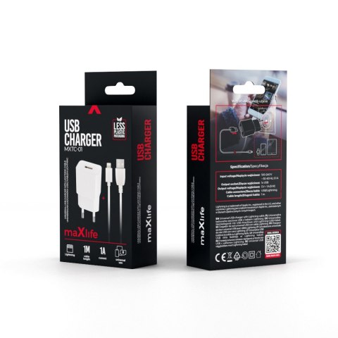 Maxlife ładowarka sieciowa MXTC-01 1x USB 1A biała + kabel Lightning Maxlife ładowarka sieciowa MXTC-01 1x USB 1A biała + kabel Lightning