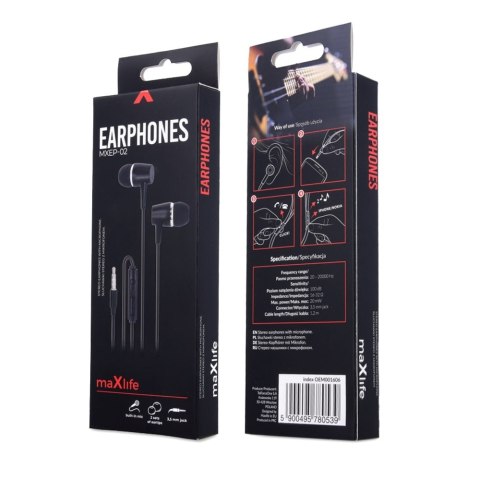 Maxlife słuchawki przewodowe MXEP-02 dokanałowe jack 3,5mm czarne Maxlife słuchawki przewodowe MXEP-02 dokanałowe jack 3,5mm czarne