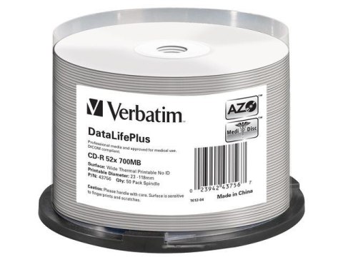 CD-R Verbatim 700MB DL+ AZO Thermal Printable Medi Disc No ID (cake 50)