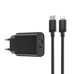 WIWU ładowarka sieciowa Wi-U002 PD + QC 20W 1x USB 1x USB-C czarna + kabel USB-C - Lightning