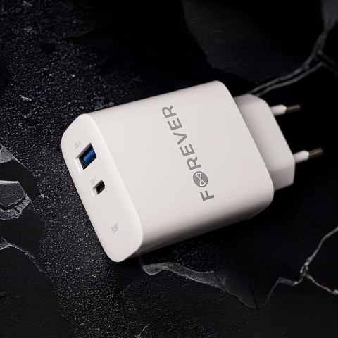 Forever ładowarka sieciowa PD QC TC-07 1x USB-C 1x USB 30W biała + kabel USB-C - USB-C 60W Forever ładowarka sieciowa PD QC TC-07 1x USB-C 1x USB 30W biała + kabel USB-C - USB-C 60W