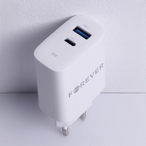 Forever ładowarka sieciowa PD QC TC-07 1x USB-C 1x USB 30W biała + kabel USB-C - USB-C 60W Forever ładowarka sieciowa PD QC TC-07 1x USB-C 1x USB 30W biała + kabel USB-C - USB-C 60W