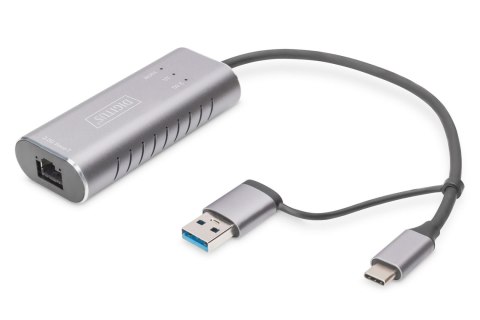 Karta sieciowa DIGITUS przewodowa USB 3.1 Typ C + USB A do 1x RJ45 2.5 Gigabit Ethernet 10/100/1000/2500Mbps