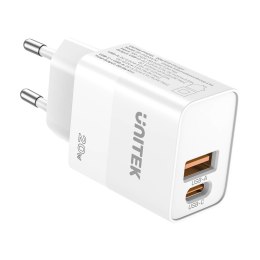 Unitek Ładowarka sieciowa, 1x USB-A, 1x USB-C, QC, PC 3.0, 20W, biała