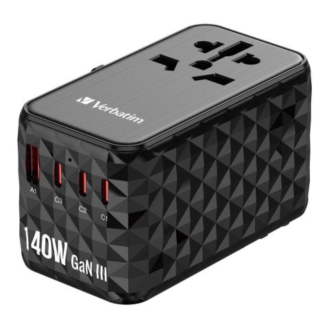 Adapter podróżny Verbatim UTA-10 GaN III globalny 2xUSB-C PD 3.1 QC 4+ 140W, 1xUSB-C PD 3.0 18W, 1xUSB-A QC 3.0 18W