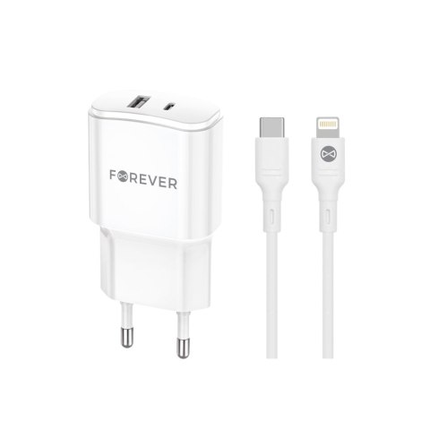 Forever ładowarka sieciowa PD QC TC-01-20AC 1x USB-C 1x USB 20W biała + kabel USB-C - Lightning 20W