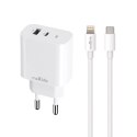 Maxlife ładowarka sieciowa PD QC MXTC-06-20AC 1x USB-C 1x USB 20W biała + kabel USB-C - Lightning 20W