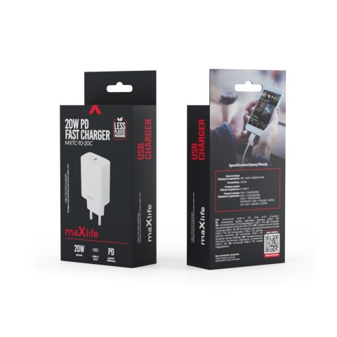 Maxlife ładowarka sieciowa PD QC MXTC-10-20C 1x USB-C 20W biała Maxlife ładowarka sieciowa PD QC MXTC-10-20C 1x USB-C 20W biała
