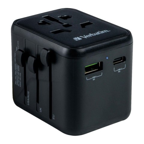 Adapter podróżny Verbatim UTA-02 globalny 1xUSB-C PD 20W, 1xUSB-A QC 18W