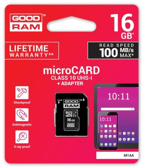 Karta pamięci microSDHC GOODRAM 16GB M1AA-0160R12 cl 10 UHS-I + adapter