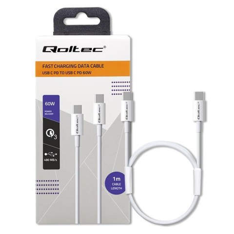 Kabel USB Qoltec 2.0 typ C | USB 2.0 typ C 60W | QC 3.0 | PD | 1m | Biały Kabel USB Qoltec 2.0 typ C | USB 2.0 typ C 60W | QC 3.0 | PD | 1m | Biały