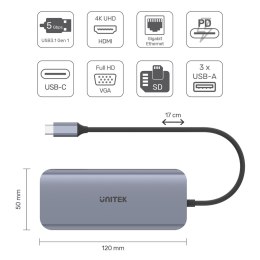 Unitek Hub USB-C 3xUSB 3.1 PD HDMI SD VGA RJ45