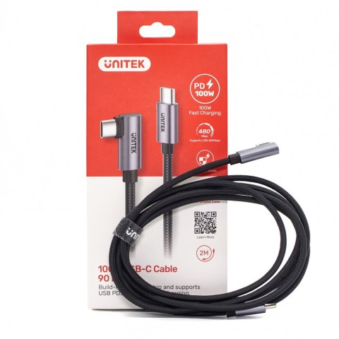Unitek Kabel USB-C kątowy 90° PD100W 2m Unitek Kabel USB-C kątowy 90° PD100W 2m