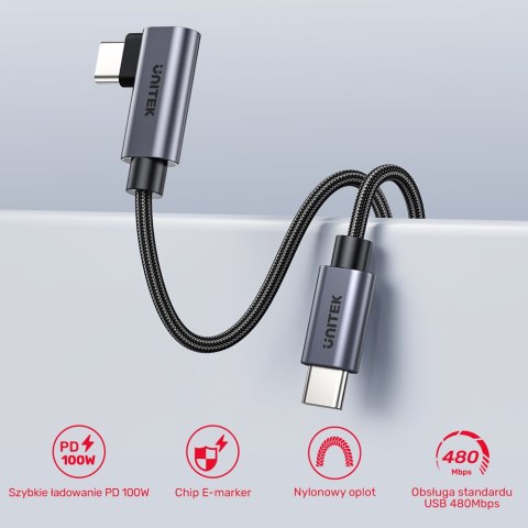 Unitek Kabel USB-C kątowy 90° PD100W 2m Unitek Kabel USB-C kątowy 90° PD100W 2m