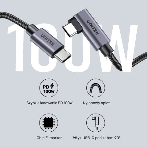 Unitek Kabel USB-C kątowy 90° PD100W 2m Unitek Kabel USB-C kątowy 90° PD100W 2m